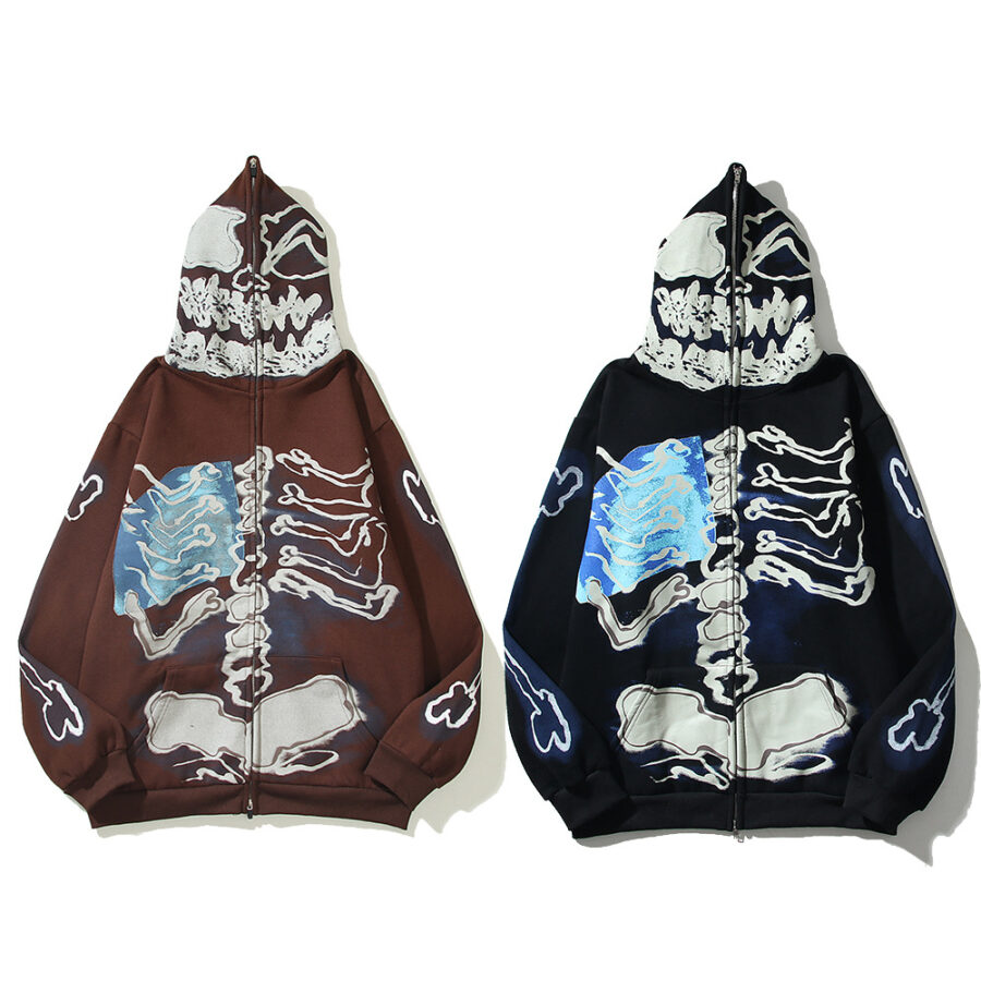 Hip Hop Skeleton Graphic Zip Hoodie Sweatshirt for Men and Women