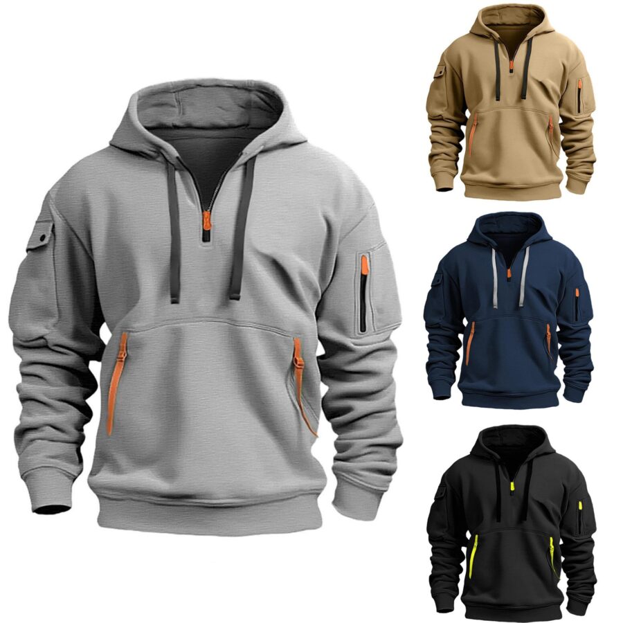 Men’s Zip-Up Hoodie with Multi Pockets for Spring and Autumn