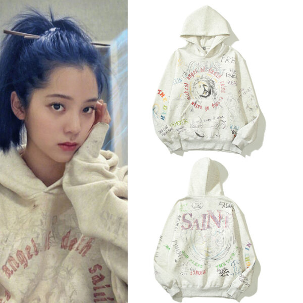 Ouyang Nana Style Graffiti Hoodie Unisex Loose Fit Fleece Lined Sweatshirt (2) Ouyang Nana Style Graffiti Hoodie Sweatshirt Unisex Loose Fit